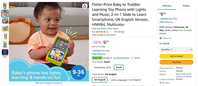Screenshot showing Fisher-Price Baby to Toddler Learning Toy Phone for £6.99 at Amazon