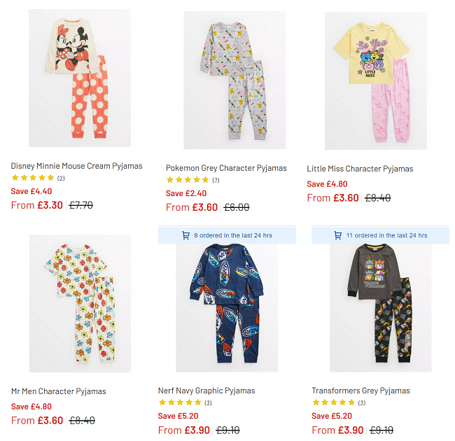 Screenshot showing reduced Kids Character Pyjamas from Argos