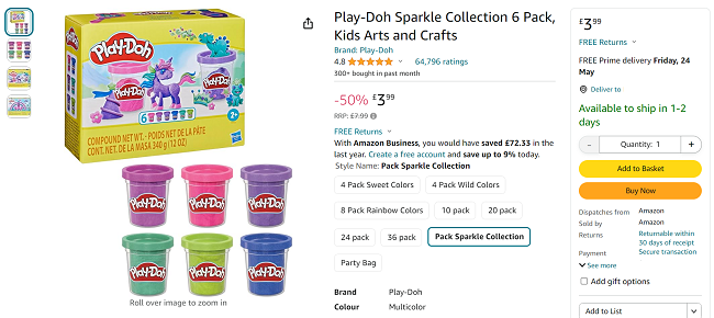 Screenshot showing Play-Doh Sparkle Collection 6 Pack for £3.99 at Amazon