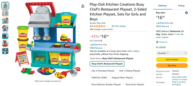Screenshot showing Play-Doh Kitchen Creations Busy Chef's Restaurant Playset for £16.99 at Amazon