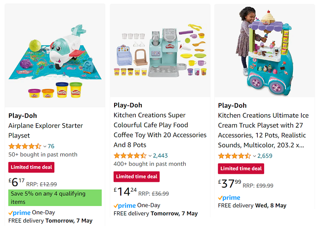 Screenshot showing reduced Play-Doh sets at Amazon