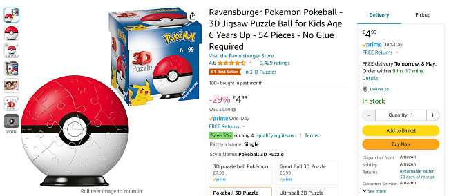 Screenshot showing Ravensburger Pokemon Pokeball 3D Jigsaw Puzzle Ball for £4.99 at Amazon