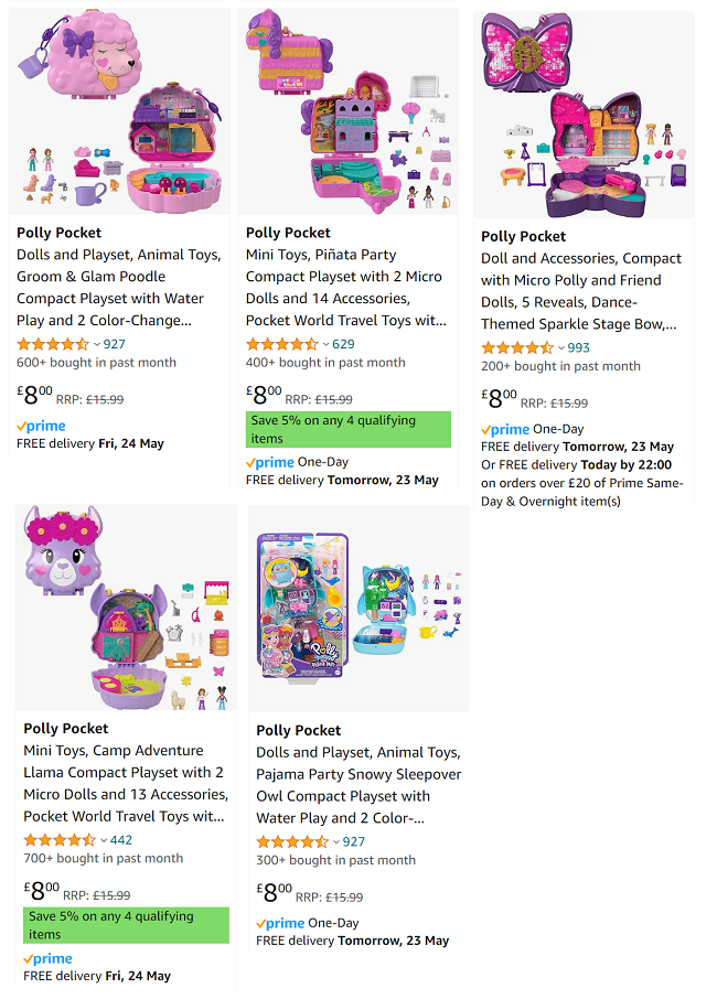 Screenshot showing Polly Pocket set for £8 each at Amazon