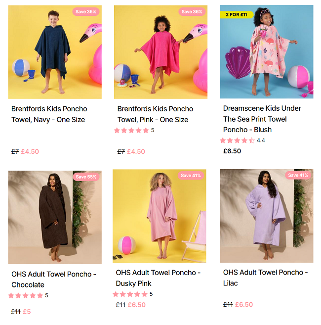 Screenshot showing Beach Ponchos at Online Home Shop