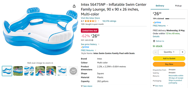 Screenshot showing Intex Family Swim Centre Lounge Pool for £26.80 at Amazon