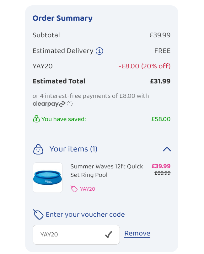 Screenshot showing Summer Waves 12ft Quick Set Ring Pool for £31.99 with code at Bargain Max