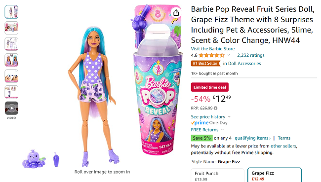 Screenshot showing Barbie Pop Reveal Fruit Series Doll for £12.49 at Amazon