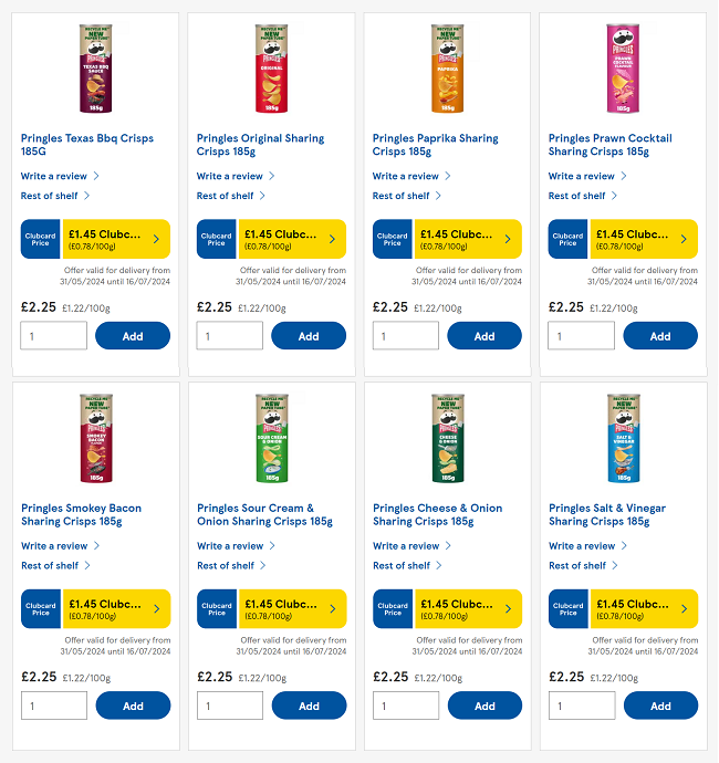 Screenshot showing Pringles 185g Tubes for £1.45 at Tesco