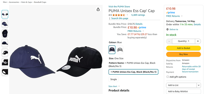 Screenshot showing Puma Baseball Caps 2 Pack bundle for £10.98 at Amazon