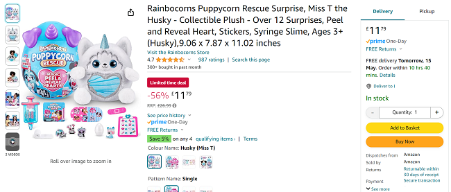 Screenshot showing Rainbocorns Puppycorn Rescue Surprise for £11.79 at Amazon