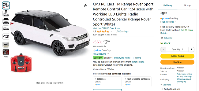Screenshot showing Range Rover Sport Remote Control Car for £6.60 at Amazon