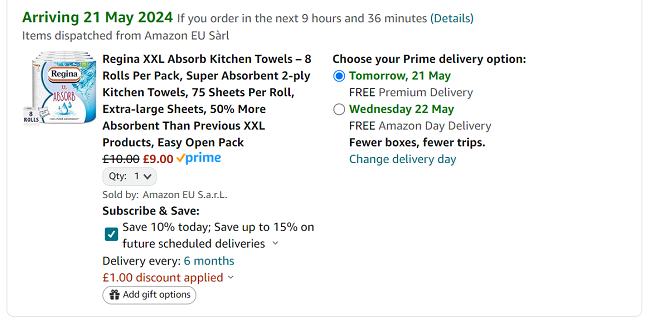 Screenshot showing Regina XXL Absorb Kitchen Roll 8 Rolls for £9 at Amazon