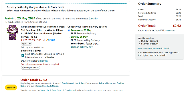 Screenshot showing Ribena Blackcurrant Juice Drink Carton 1L 3 for £2.62 at Amazon