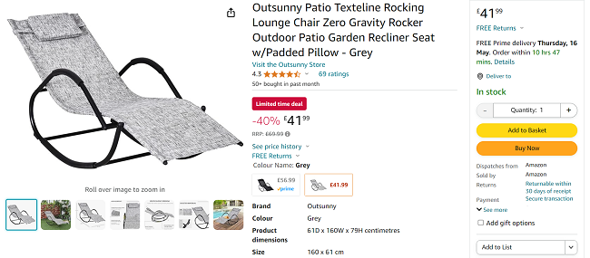 Screenshot showing Outsunny Patio Texteline Rocking Lounge Chair Grey for £41.99 at Amazon