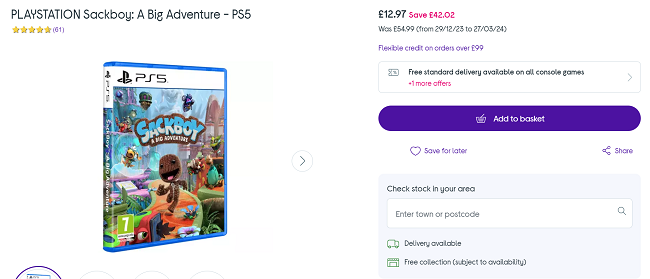 Screenshot showing Sackboy: A Big Adventure PS5 Game for £12.97 at Currys