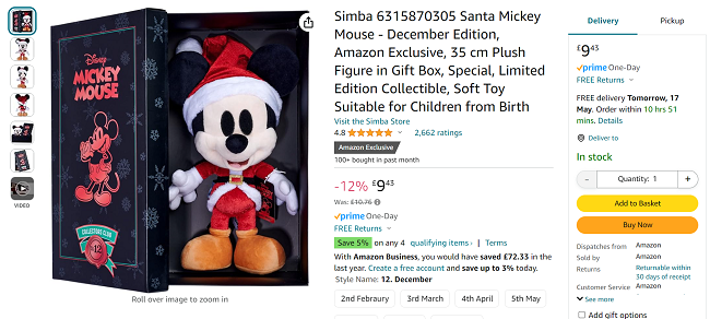 Screenshot showing Santa Mickey Mouse 35cm Plush Figure In Gift Box for £9.43 at Amazon