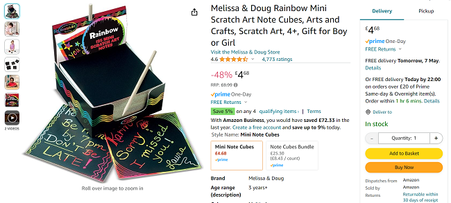Screenshot showing Melissa & Doug Rainbow Mini Scratch Art Note Cube for £4.68 at Amazon