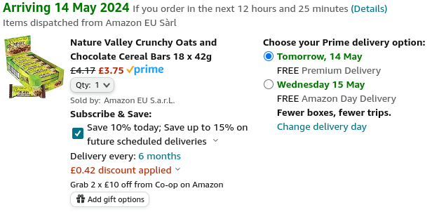 Nature Valley Crunchy Oats and Chocolate Cereal Bars 18 x 42g £3.75 @ Amazon