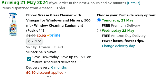 Elbow Grease Glass Cleaner with Vinegar 90p @ Amazon