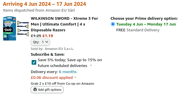 Wilkinson Sword - Xtreme 3 Ultimate Comfort 4 x Disposable Razors £1.19 @ Amazon