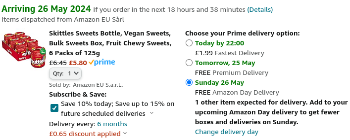 Skittles Sweets Bottle 6 Packs of 125g £5.80 @ Amazon