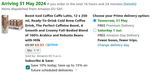 12 x 250ml Boost Iced Coffee Caffe Latte £5.37 @ Amazon