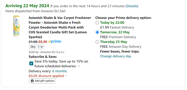 Screenshot showing Astonish Shake & Vac Carpet Freshener Powder Lemon Sparkle 400g for 95p at Amazon