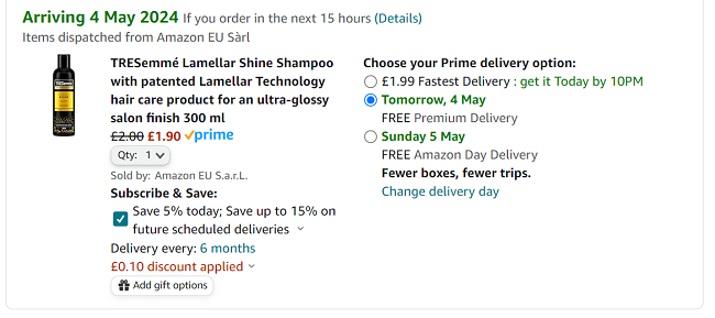 Screenshot showing TRESemmé Lamellar Shine Shampoo for £1.90 at Amazon