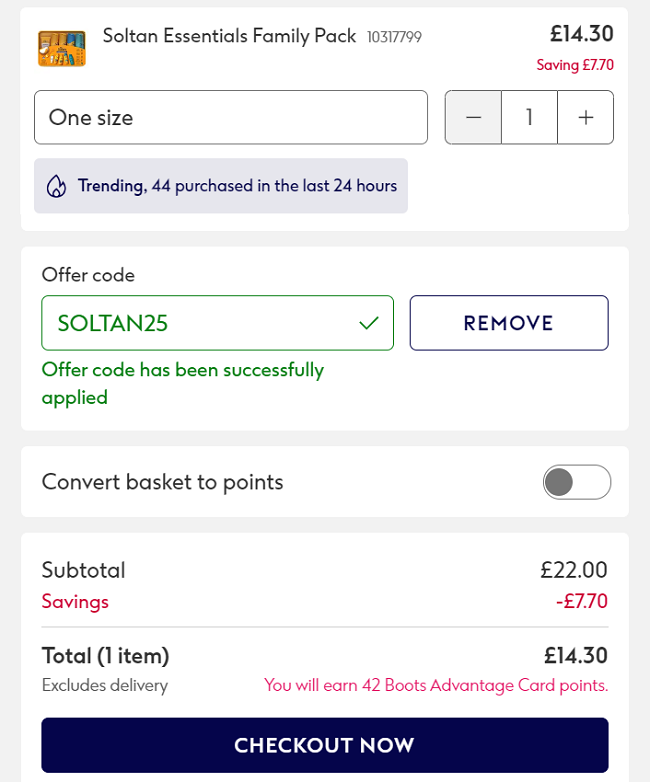 Screenshot showing Soltan Essentials Family Pack for £14.30 at Boots