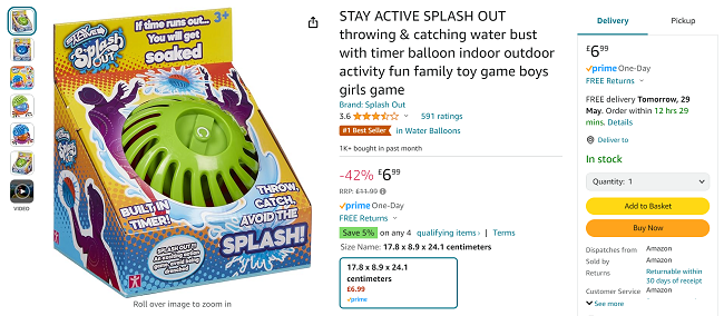 Screenshot showing Stay Active Splash Out for £6.99 at Amazon