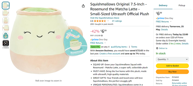Screenshot showing Squishmallows Original 7.5-Inch Rosemund the Matcha Latte for £6.99 at Amazon