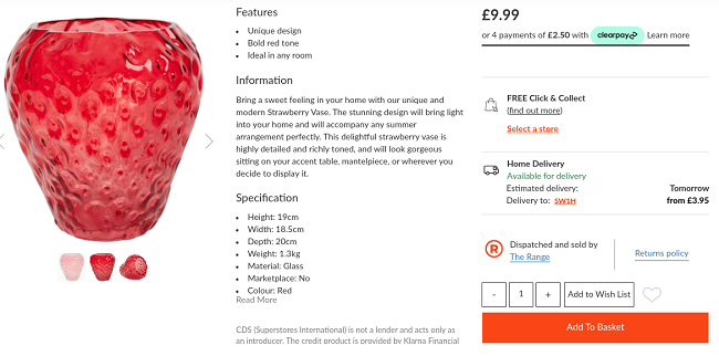 Screenshot showing Red Strawberry Vase £9.99 at The Range