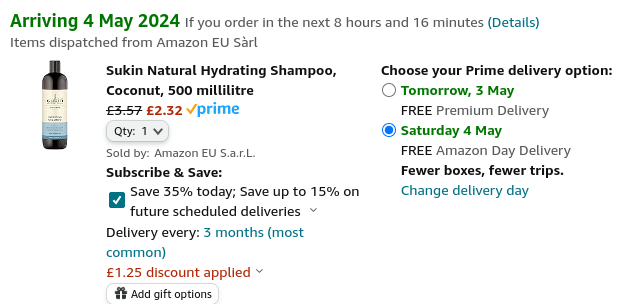 Screenshot showing Sukin Natural Hydrating Shampoo Coconut 500ml for £2.32 at Amazon