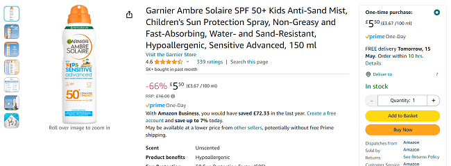 Screenshot showing Garnier Ambre Solaire SPF 50+ Kids Anti-Sand Mist for £5.50 at Amazon