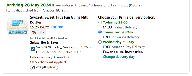 Screenshot showing Swizzels Sweet Tub 120 Gums Milk Bottles for £4.72 at Amazon