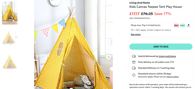 Screenshot showing Kids Canvas Teepee Tent Play House for £17.17 at Debenhams