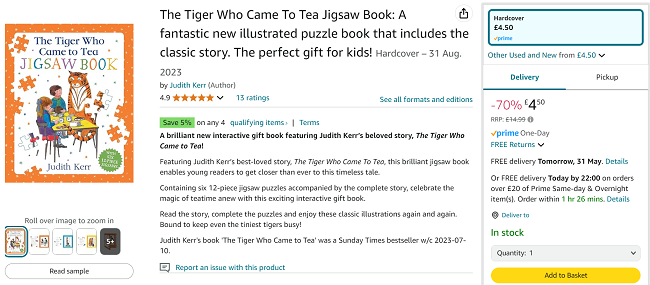 Screenshot showing The Tiger Who Came to Tea Jigsaw Book for £4.50 at Amazon