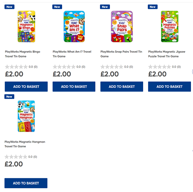 Screenshot showing new Travel Tin Games at The Works