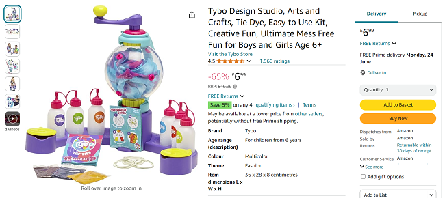 Screenshot showing Tybo Tie-Dye Design Studio Craft Kit for £6.99 at Amazon