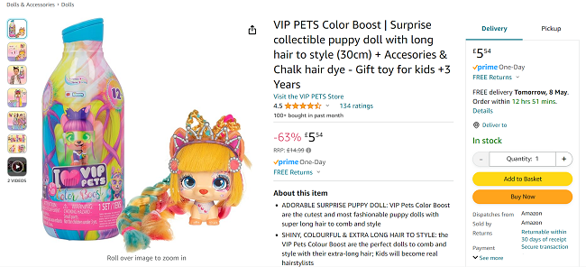 Screenshot showing VIP Pets Color Boost for £5.54 at Amazon