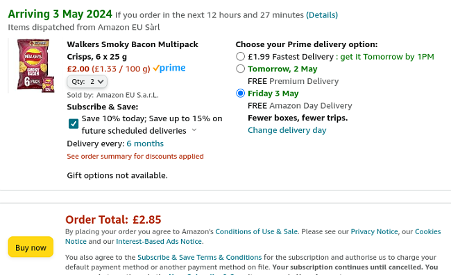 Screenshot showing Walkers Smoky Bacon Crisps 6 x 25g 2 Packs for £2.85 at Amazon