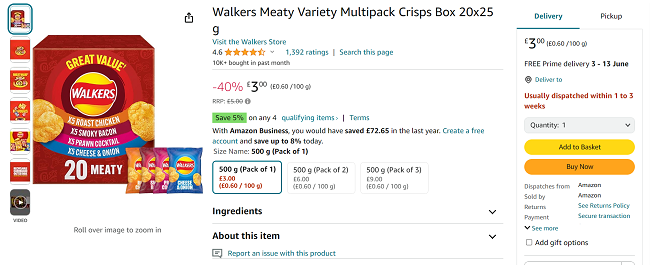 Screenshot showing Walkers Meaty Variety Multipack Crisps Box 20 x 25g for £3 at Amazon