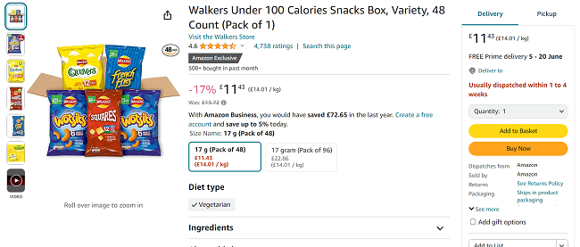 Screenshot showing Walkers Under 100 Calories Multipack Snacks Box for £11.43 at Amazon