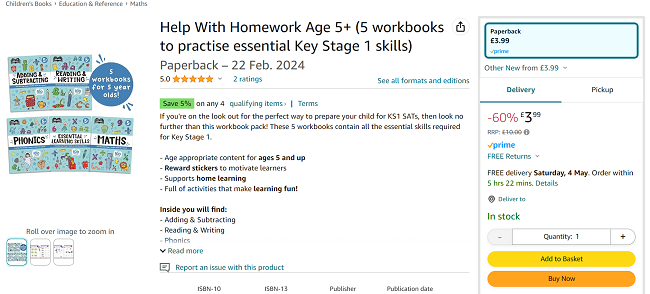 Screenshot showing Help With Homework Age 5+ Set Of 5 Workbooks for £3.99 at Amazon