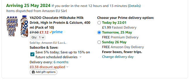 |Screenshot showing Pack Of 10 Yazoo Milkshake Drink 400ml for £7.13 at Amazon