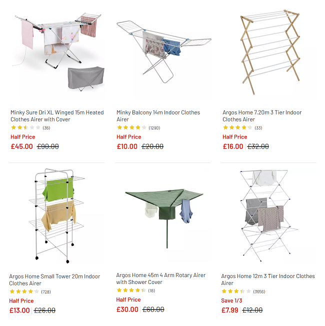 Screenshot of reduced airers at Argos