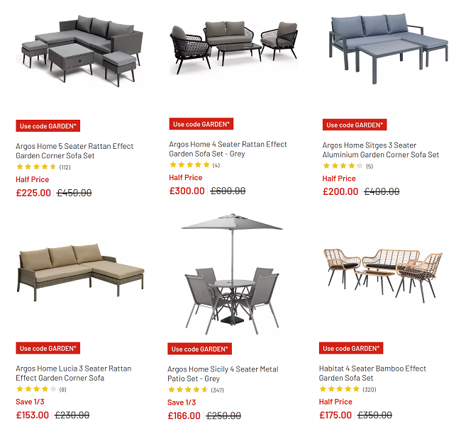 Screenshot showing reduced garden furniture at Argos