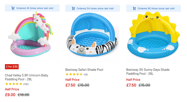 Screenshot of reduced baby paddling pools at Argos