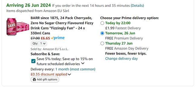 Screenshot showing BARR Cherryade 24 x 330ml Cans for £6.65 at Amazon