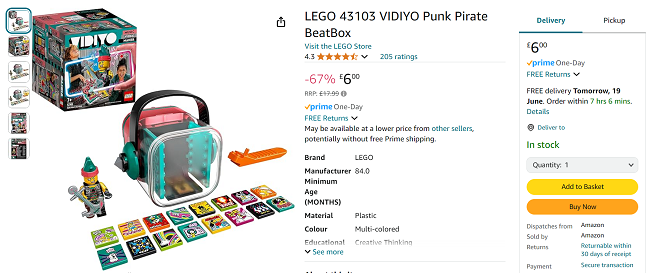 Screenshot showing LEGO 43103 VIDIYO Punk Pirate BeatBox for £6 at Amazon
